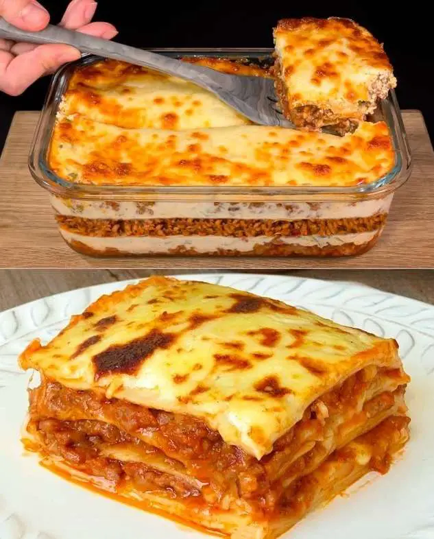 Lasagnes maison dorées et gratinées dans un plat en céramique, prêtes à être servies