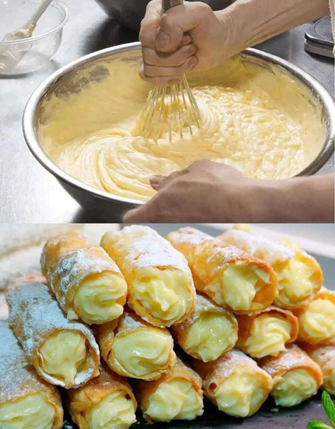 Cannoli croustillants garnis de crème pâtissière à la vanille et saupoudrés de sucre glace