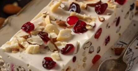 Nougat glacé maison aux amandes et fruits confits, servi en tranches sur une assiette avec un coulis de fruits rouges.