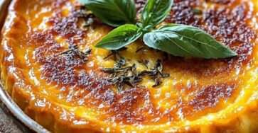 Flan méditerranéen doré, garni de légumes colorés et de fromage fondant
