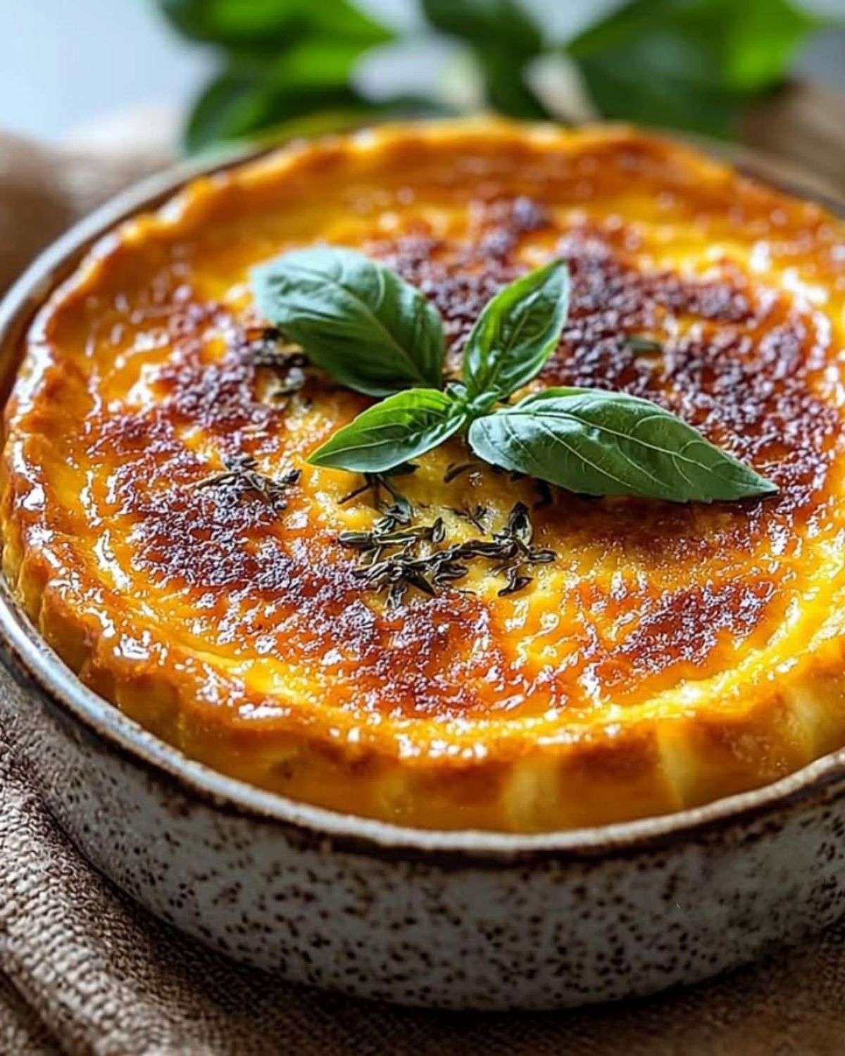 Flan méditerranéen doré, garni de légumes colorés et de fromage fondant