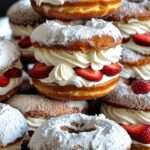 Choux gourmands garnis de chantilly et de fraises fraîches, saupoudrés de sucre glace