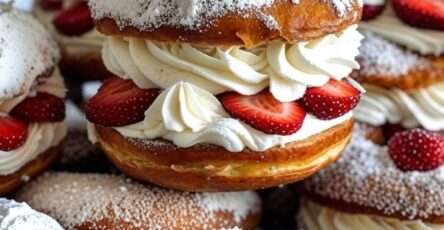 Choux gourmands garnis de chantilly et de fraises fraîches, saupoudrés de sucre glace