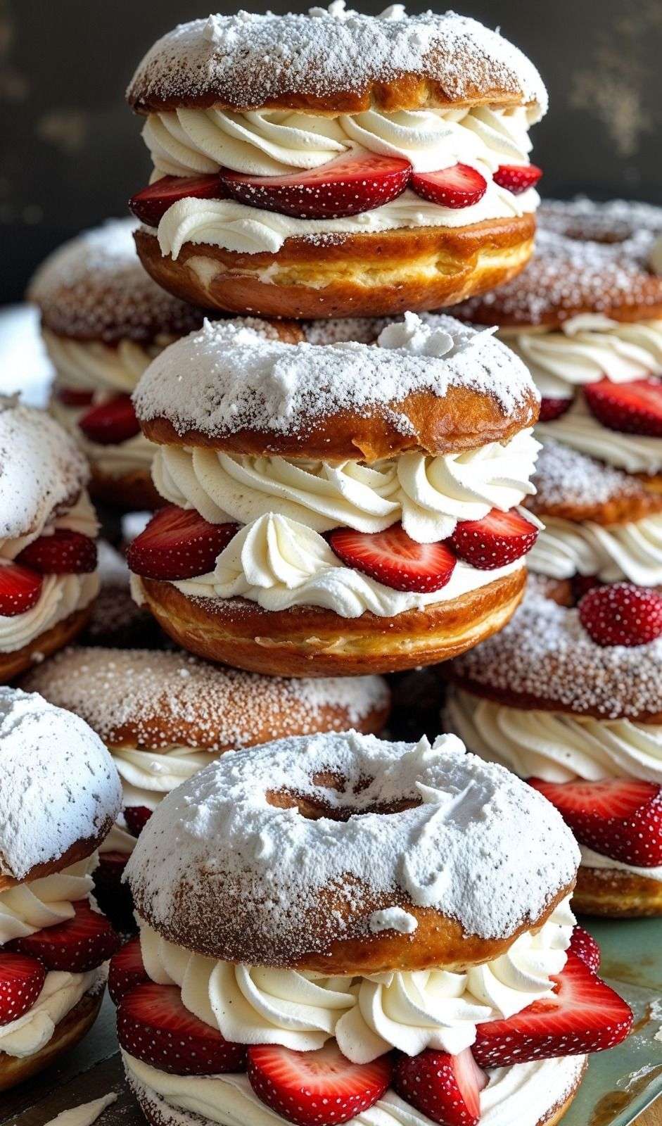 Choux gourmands garnis de chantilly et de fraises fraîches, saupoudrés de sucre glace