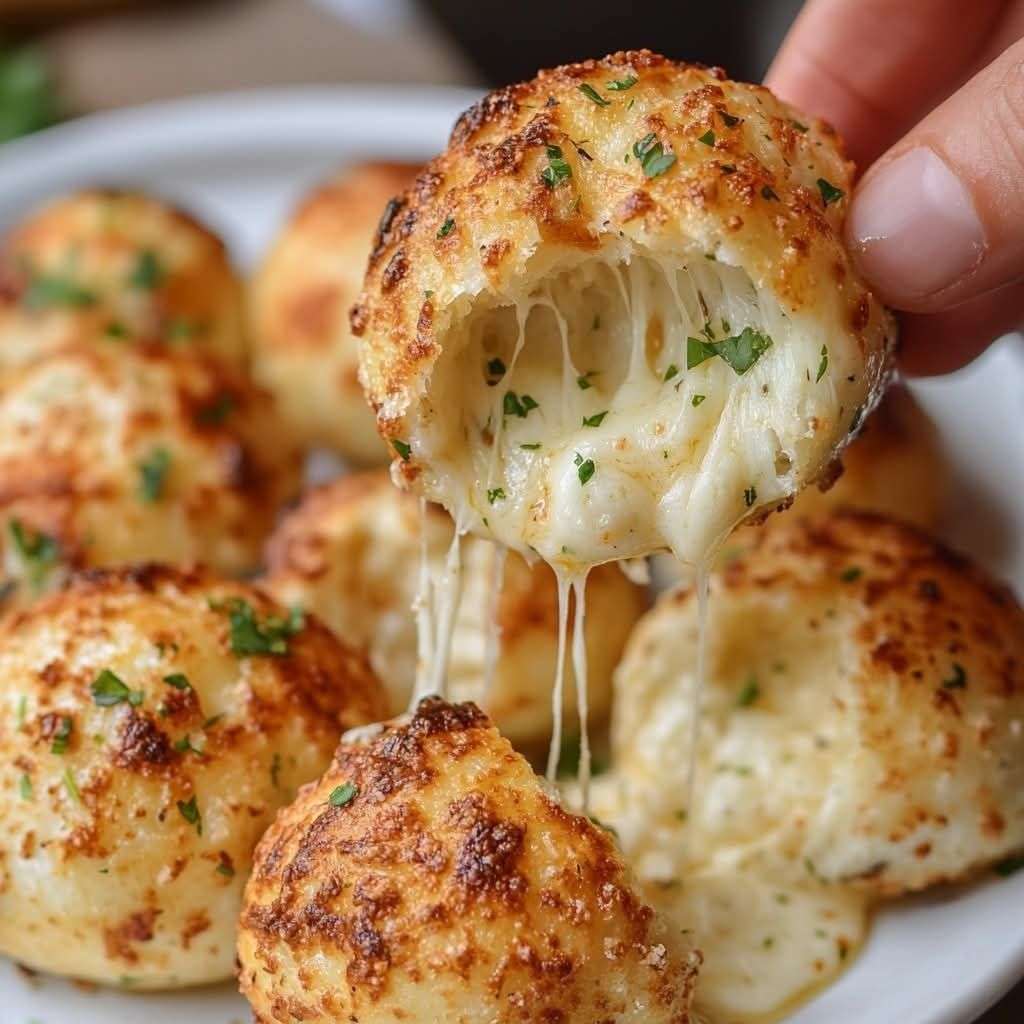 Bombes au beurre, à l'ail et au fromage dorées et fondantes, garnies de mozzarella et de persil frais