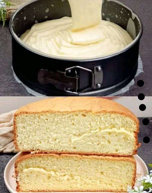 Gâteau éponge doré et moelleux, tranché sur une assiette avec une texture légère et aérée