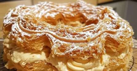 Paris-Brest doré garni de crème pralinée, saupoudré de sucre glace et décoré d’amandes effilées