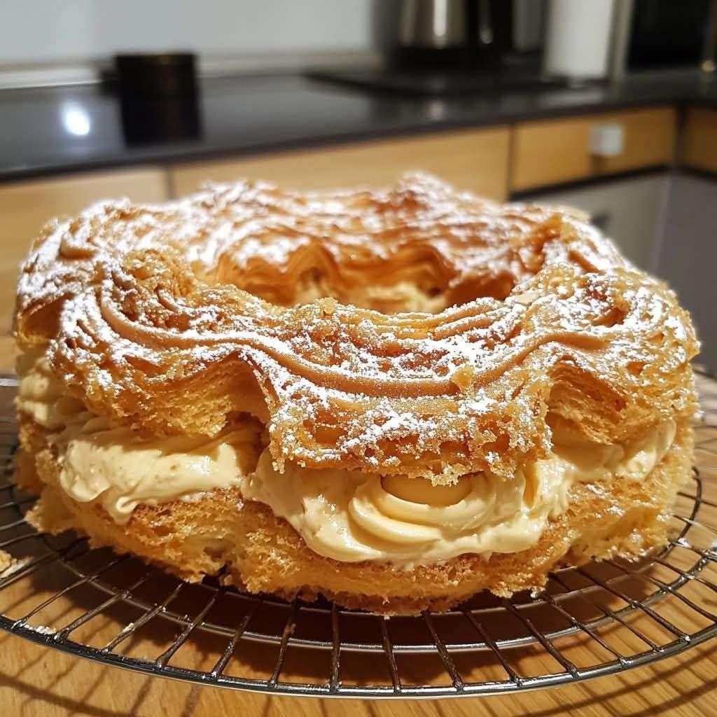 Paris-Brest doré garni de crème pralinée, saupoudré de sucre glace et décoré d’amandes effilées