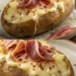 Pomme de terre farcie au fromage à raclette, jambon cru et cornichons, dorée au four