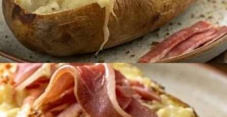 Pomme de terre farcie au fromage à raclette, jambon cru et cornichons, dorée au four