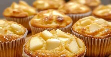 Muffins aux pommes dorés et moelleux, avec des morceaux de pommes fondants, servis sur une assiette blanche.