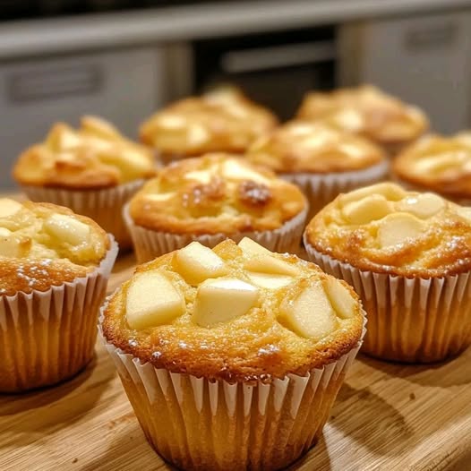 Muffins aux pommes dorés et moelleux, avec des morceaux de pommes fondants, servis sur une assiette blanche.