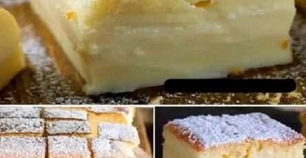 Gâteau magique à trois couches, saupoudré de sucre glace et tranché sur une assiette