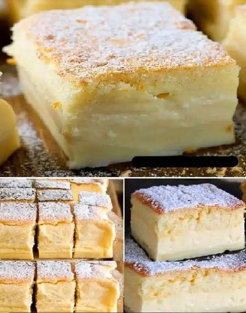 Gâteau magique à trois couches, saupoudré de sucre glace et tranché sur une assiette
