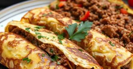 Des crêpes salées garnies de viande hachée et de fromage râpé, servies dorées et croustillantes.