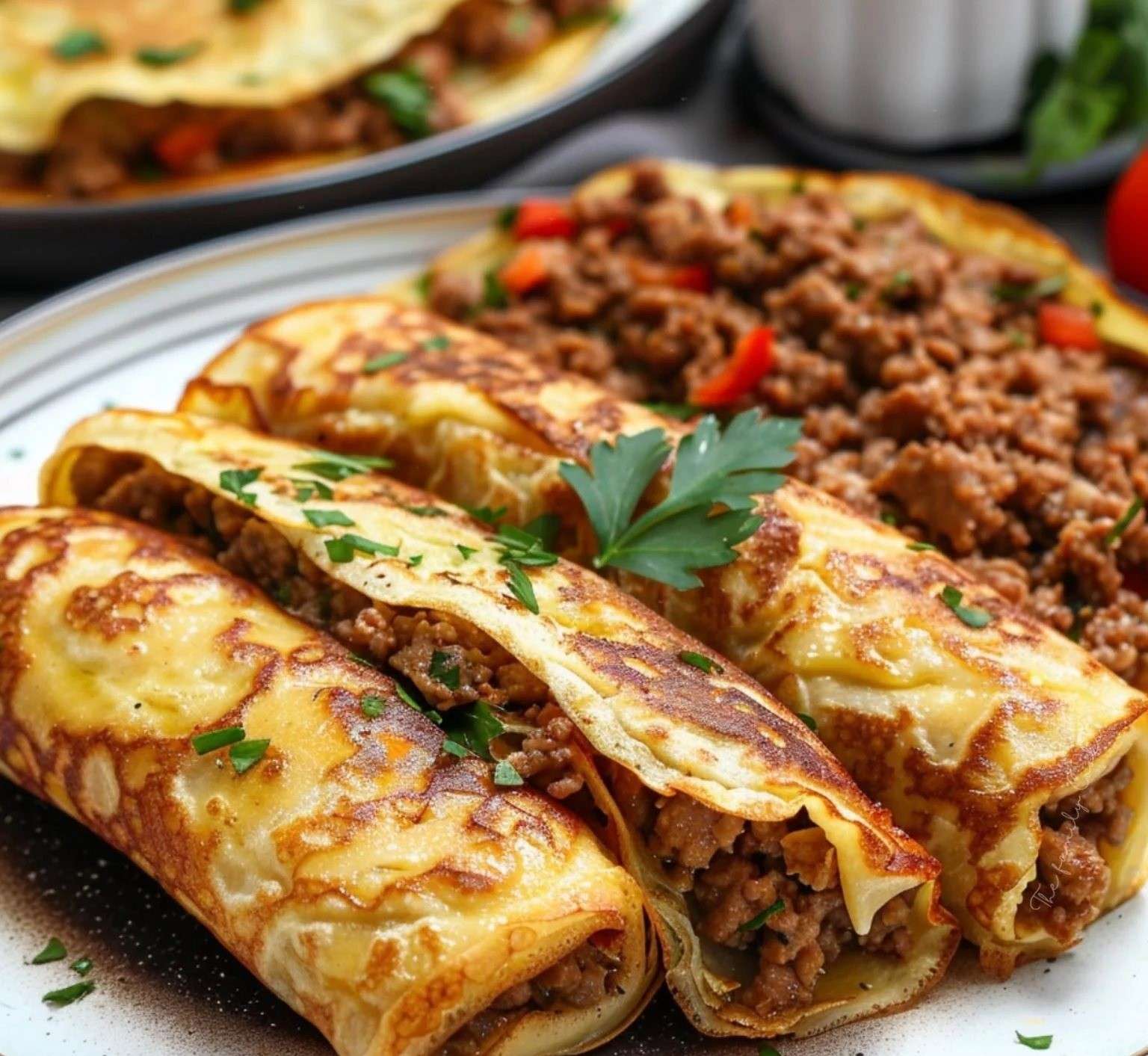 Des crêpes salées garnies de viande hachée et de fromage râpé, servies dorées et croustillantes.