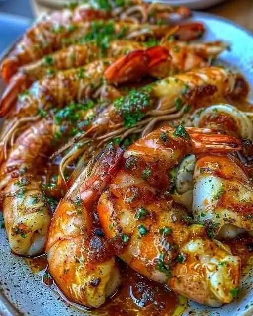 Gambas grillées au beurre d’ail et persil, servies avec des tranches de citron et un accompagnement de riz parfumé.