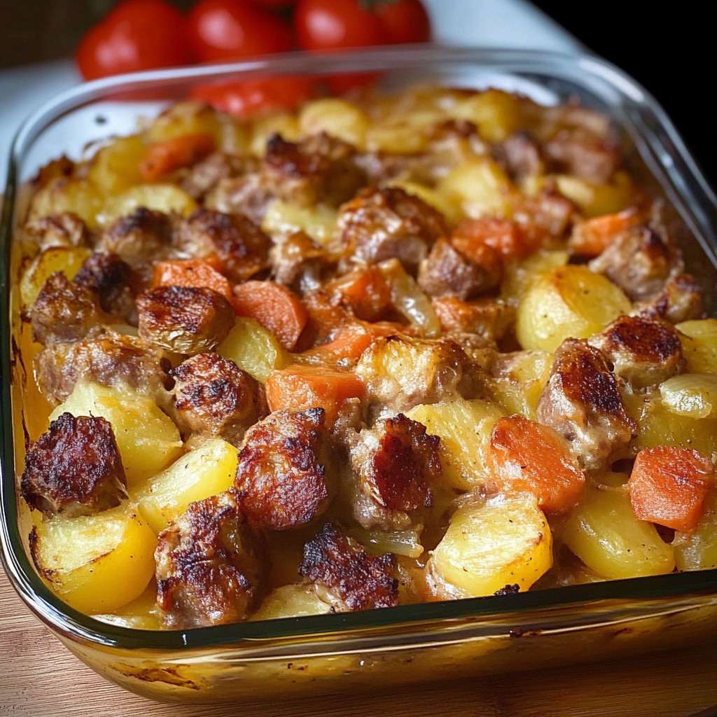 Gratin rustique de pommes de terre et saucisses doré au four, garni de fromage fondu et de persil frais, servi dans un plat à gratin sur une table en bois rustique.