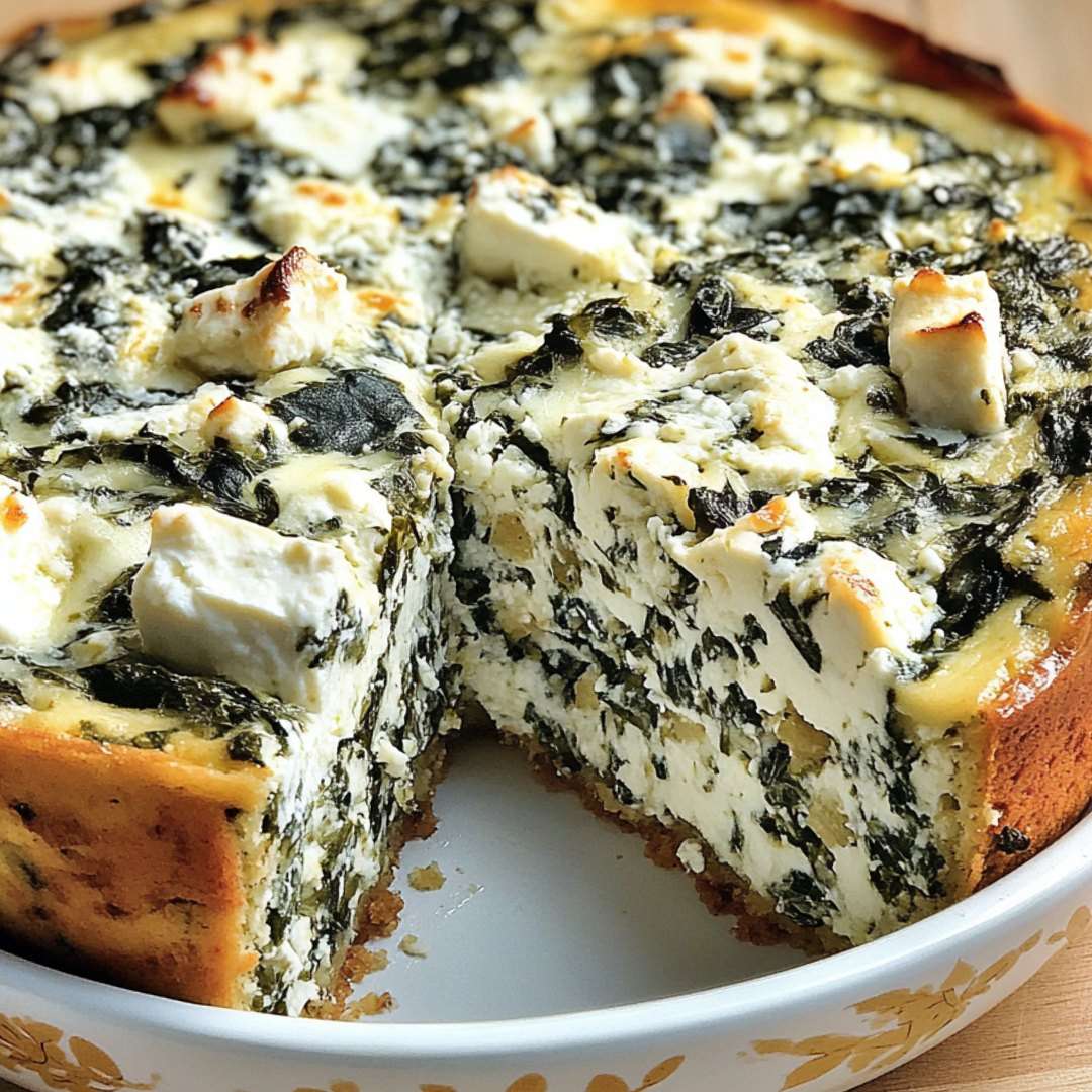 Cheesecake salé aux épinards et à la feta, servi avec une salade verte sur une assiette blanche.