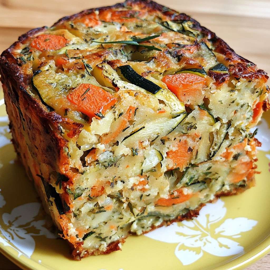 Moelleux courgettes-carottes gourmand, avec une texture dorée et moelleuse, accompagné d'une salade verte fraîche.