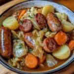 Potée aux saucisses et légumes servie dans une assiette creuse avec du bouillon chaud