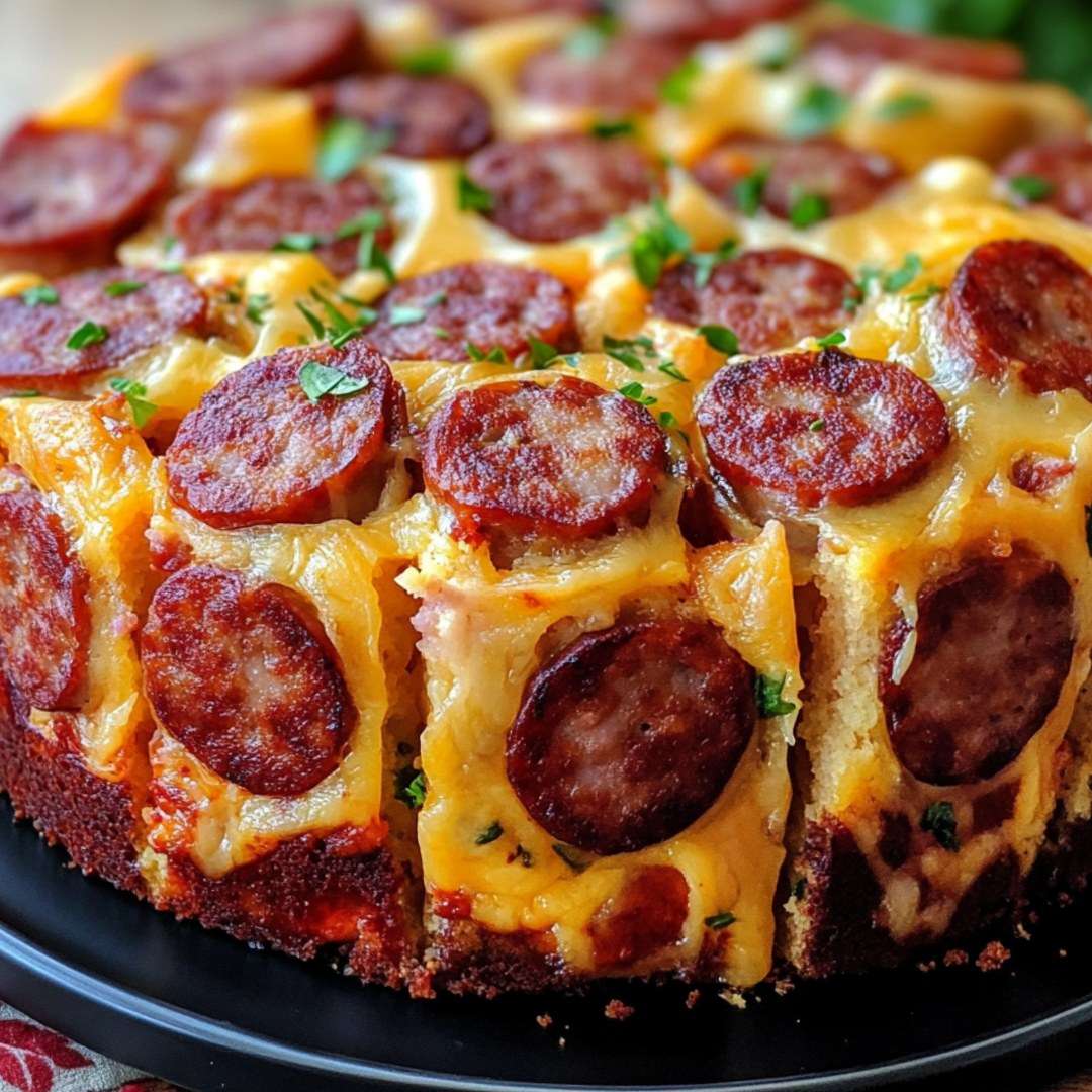 Cake saucisse-fromage doré et moelleux, avec une croûte de fromage gratiné, tranches de saucisse visibles, et une texture fondante.