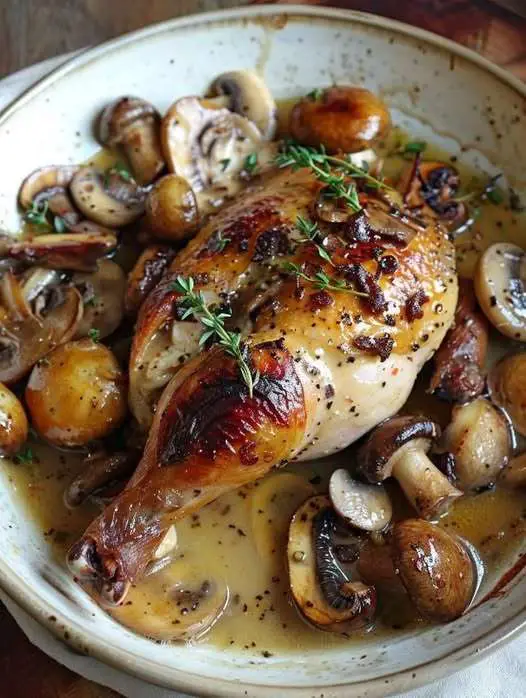 Poulet à la moutarde et aux champignons servi avec une sauce crémeuse et des champignons dorés.