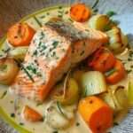 Blanquette de saumon crémeuse aux poireaux et carottes servie dans une assiette