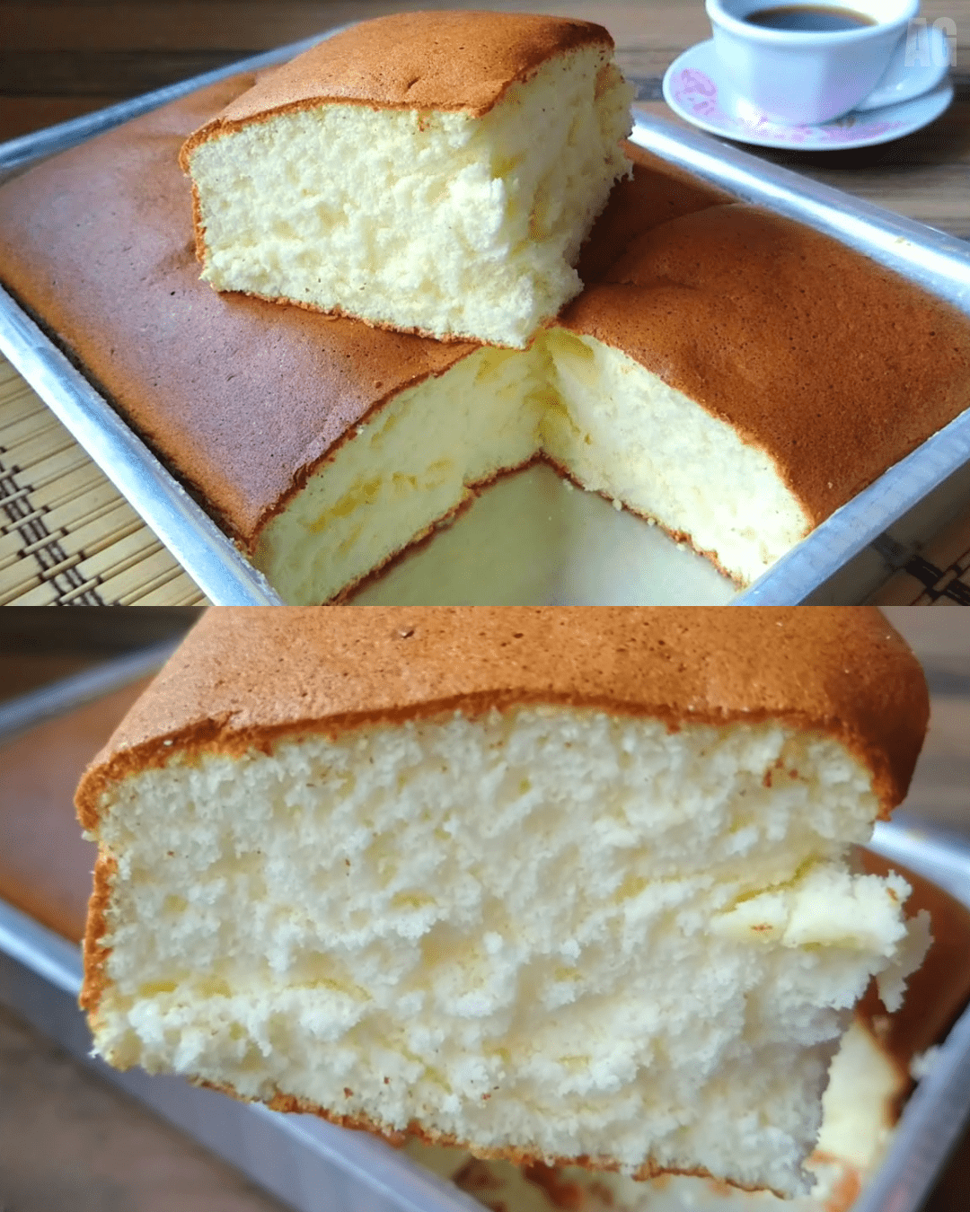 Gâteau de coton moelleux, doré et léger, saupoudré de sucre glace