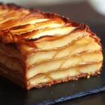 Gâteau invisible aux pommes, doré et saupoudré de sucre glace, tranché et présenté sur une assiette