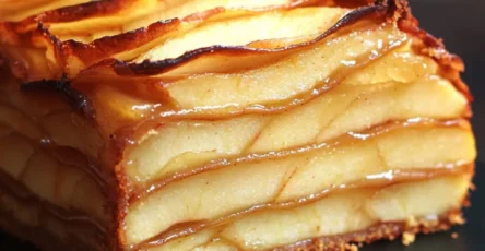 Gâteau invisible aux pommes, doré et saupoudré de sucre glace, tranché et présenté sur une assiette