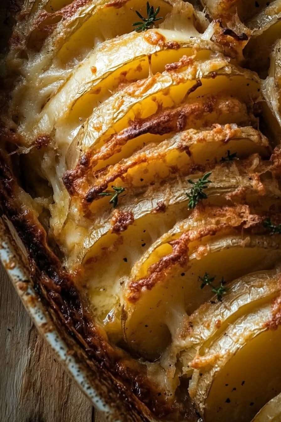 Gratin de pommes de terre crémeux et doré, servi dans un plat à gratin