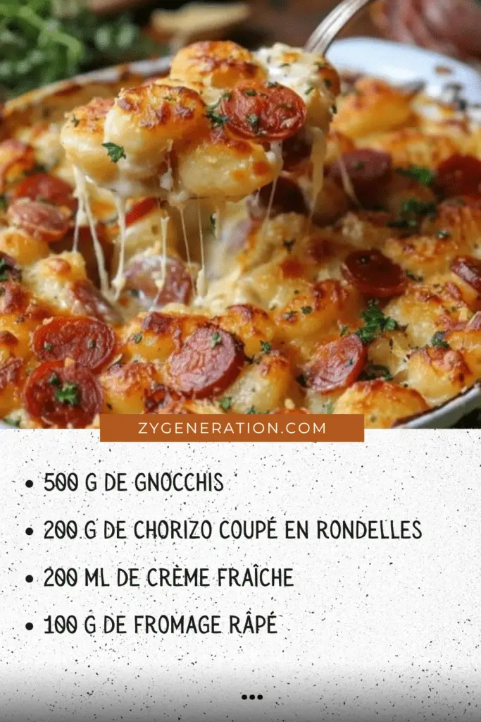 Un délicieux gratin de gnocchis au chorizo avec une croûte dorée et du persil haché en garniture.

