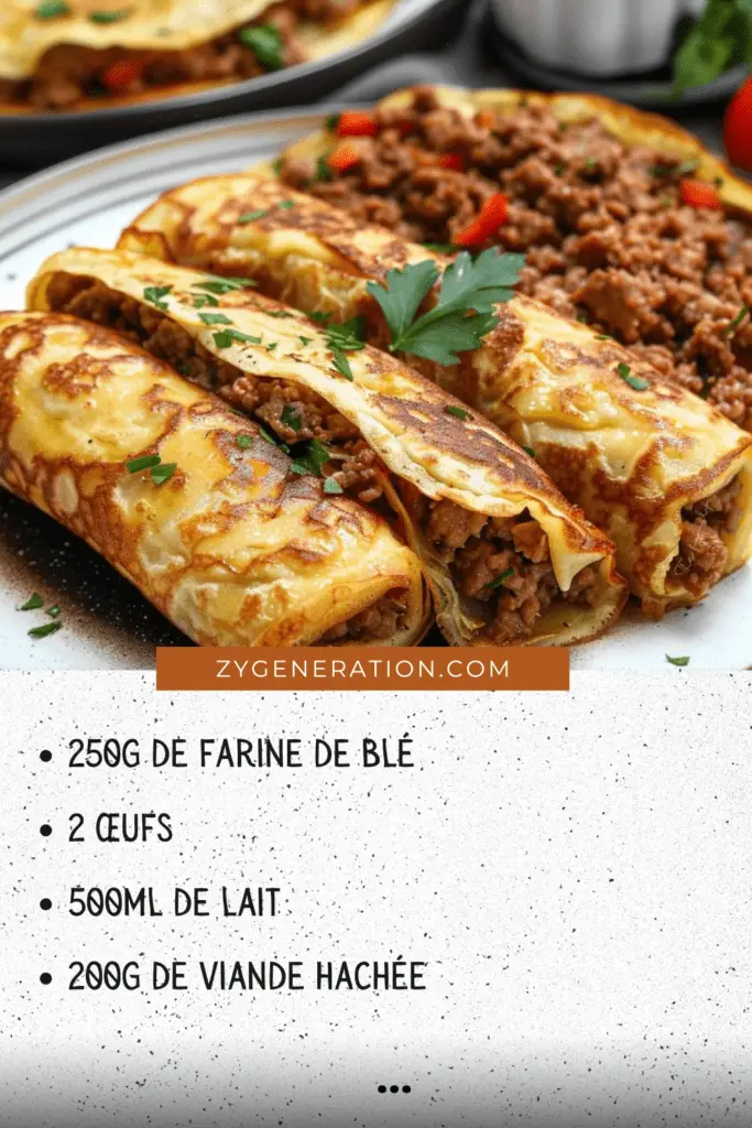 Des crêpes salées garnies de viande hachée et de fromage râpé, servies dorées et croustillantes.