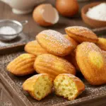 Madeleines dorées et moelleuses, présentées sur une assiette avec une touche de sucre glace