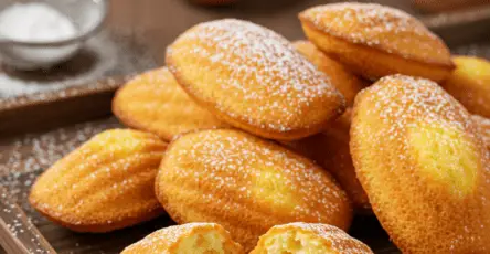 Madeleines dorées et moelleuses, présentées sur une assiette avec une touche de sucre glace