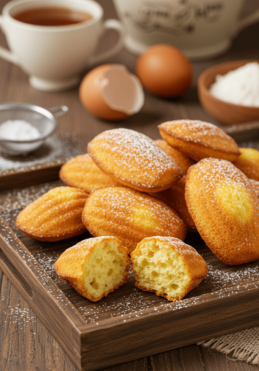 Madeleines dorées et moelleuses, présentées sur une assiette avec une touche de sucre glace