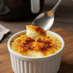 Crème brûlée maison avec une croûte caramélisée et dorée, servie dans un ramequin