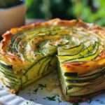 Gâteau invisible aux courgettes moelleux, tranché, doré et prêt à servir