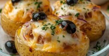 pommes de terre farcies au thon et olives avec fromage gratiné