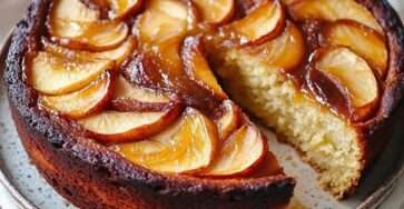 tranche de gâteau moelleux aux pommes caramélisées sur une assiette