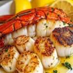 assiette élégante de coquilles St-Jacques poêlées et queue de homard au beurre citronné