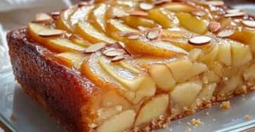 tranche de gâteau moelleux aux pommes, poires et amandes caramélisées