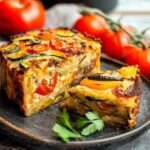 cake salé aux légumes grillés tranché avec courgettes, poivrons et feta