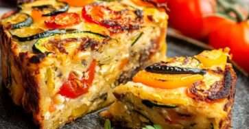 cake salé aux légumes grillés tranché avec courgettes, poivrons et feta