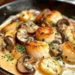 assiette de blanquette de Saint-Jacques aux champignons servie avec du riz