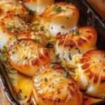 Coquilles Saint-Jacques dorées au beurre d’ail dans un plat au four