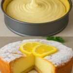 part de gâteau crémeux au citron avec zeste de citron, sucre glace et pâte dorée