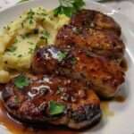 Chuletas de cerdo con miel y ajo servidas con puré de papas cremoso y perejil