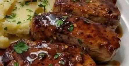 Chuletas de cerdo con miel y ajo servidas con puré de papas cremoso y perejil